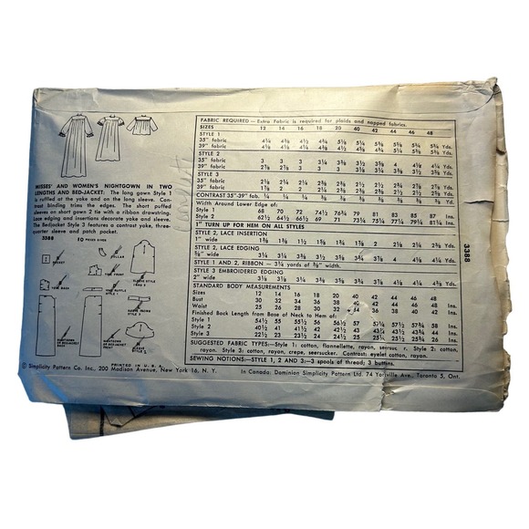 Simplicity Vintage 1950's Pattern #3388 Misses/Women's Nightgown 2 Lengths Sz 14 - Picture 5 of 6